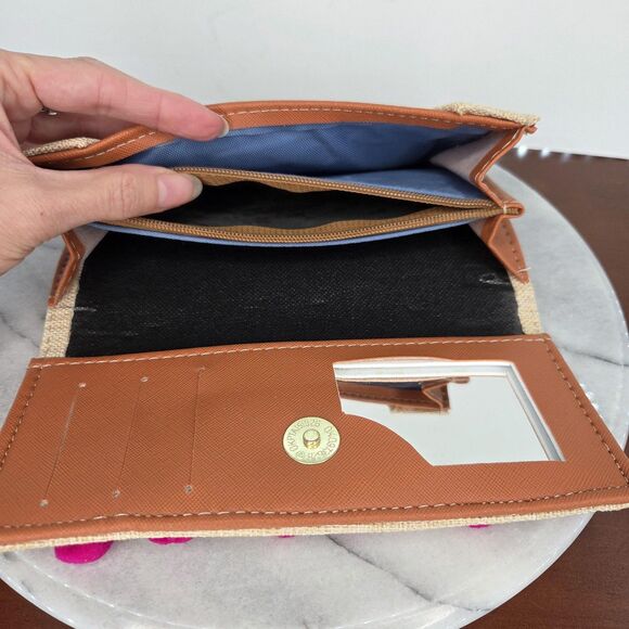 Boho Colorful Embroidered Wallet Clutch Womens Beige Pom Pom Trim Festival - Picture 4 of 9